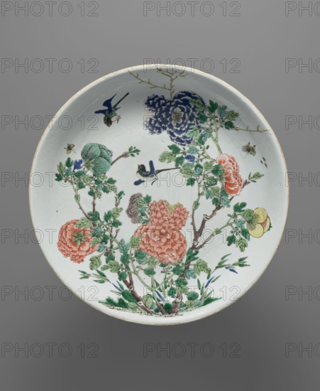 Platter, signed. Decorated with images of birds and chrysanthemums. 19th century, China. Dish, diameter 35.5 cm., A round ceramic dish with a white background decorated with a botanical scene featuring a group of flowering branches with green leaves and stems, several large clustered blossoms in shades of coral and blue, a round yellow fruit, and a pale green bud; a few small blue and green birds are perched among the branches and flying, and a few small insects appear near the flowers; the rim shows a thin pale beige edge and the overall image includes colors white, green, coral, blue, yellow, beige, and brown.