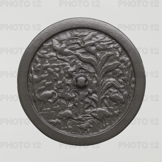 Mirror, Chinese, Qing dynasty 1644–1911, 19th century. Bronze mirror with birds and cranes and plant motifs; diameter 19.3 cm, weight 0.915 kg., A round, dark-colored circular object with a raised rim and a textured, carved central panel showing an intricate relief of organic shapes resembling plants and bird-like figures; the surface appears dark brown to black with subtle lighter highlights where wear or texture catches the light, and the background is a plain, light gray.