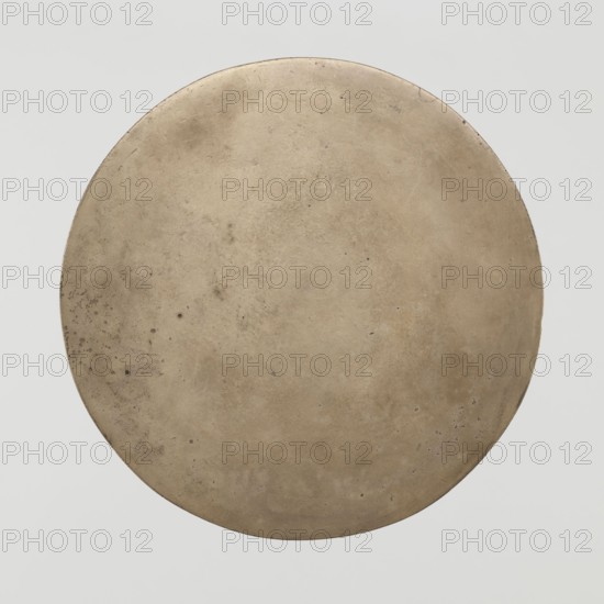 Mirror, Chinese, Qing dynasty 1644–1911, 19th century. Bronze mirror with birds and cranes and plant motifs, diameter 19.3 cm, weight 0.915 kg., A large circular object fills the frame, appearing worn with a smooth but slightly mottled surface showing small imperfections and speckles; its color is mainly beige with areas of light tan and hints of brown, set against a pale gray background.