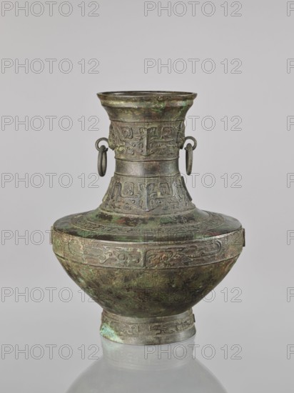Hu-type vessel, Chinese, ceremonial ritual vessel, Qing dynasty 1644–1911, 19th century, decorated with fantastical beasts and handles, material unspecified, height 33.5 cm, diameter 27.0 cm., An aged metal vessel with a wide rounded body, a narrow neck that flares at the rim, and a short foot, showing an overall mottled patina of green, brown, and dark gray; the neck and shoulder areas feature raised decorative bands with intricate repeating motifs and a pair of metal rings hanging from opposite sides of the neck; the surface displays areas of darker oxidation and lighter green verdigris, with worn highlights of metallic brown and muted bronze, all set against a plain light gray background.