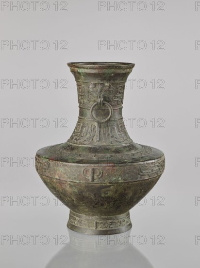 Hu-type vessel, Chinese, Qing dynasty 1644–1911, 19th century, ceremonial ritual vessel with handles, decorated with fantastical beasts, height 33.5 cm, diameter 27.0 cm., An aged metal vessel with a wide rounded body tapering to a narrower base and a tall flared neck, showing a patina of green and brown with areas of darker brown and hints of reddish tones; the surface is decorated with raised, repeating geometric and zoomorphic relief patterns circling the body and neck, and a sculpted ring handle attached to a stylized animal face on the neck; the vessel rests on a short decorated foot and is set against a plain light gray background with a subtle reflection beneath.