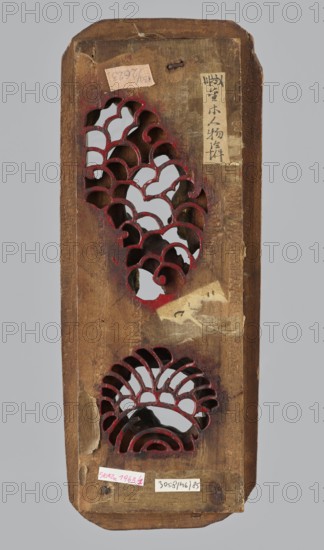 Gate of Emperor Yu Dragon Gate - decorative panel, Chinese, Chinese art; iconography: fish, dragons, waves, fantasy animals/beasts. Elongated rectangular carved openwork ornamental panel. Qing dynasty 1644–1911, 19th century. Sculpture; height 3.7 cm, width 27.4 cm, depth 10.9 cm; provenance unknown., A tall, narrow wooden panel with rounded corners showing a worn brown surface and areas of lighter and darker brown; the panel has two decorative cutouts with scalloped, wave-like shapes painted along their inner edges in red, revealing a pale gray background through the openings; there are remnants of adhesive patches and peeling paper on the surface in beige and off-white tones, and a small piece of string or twine near the top; the wood shows scratches, chips, and aged texture with hints of darker stain around the cutouts and edges.