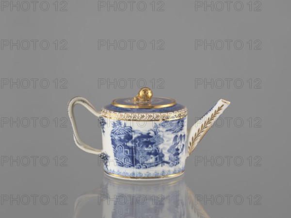 Teapot with a lid, Chinese, Qing dynasty 19th century, 1644–1912, blue-and-white porcelain teapot, ceramics; part of a 22-piece tea and coffee service teapot, 6 cups, 6 bowls, 6 saucers, a bowl, a lid, and a plate. Decoration: landscape motifs. Vessel. Height 11 cm; width 21.9 cm; diameter 11.6 cm., A small teapot is shown against a solid gray background, with a reflective surface beneath it. The teapot is white with blue painted landscape motifs and has gold accents on the lid knob, rim, and spout decoration. The handle is white with subtle blue edging and small raised floral ornaments where it attaches to the body. The spout is elongated and decorated with gold leaf-like patterns. The lid has a circular blue band and a gold knob, and the base edge has a thin gold band. The overall colors visible are gray, white, blue, and gold.