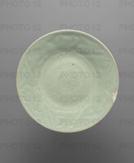 Plate — celadon; maker, Chinese; ceramics; geometric decorations and plant ornaments; vessel; 13th–15th century, China; height 3.5 cm; diameter 27.2 cm., A round shallow dish with a smooth pale green surface and a slightly raised rim, featuring carved concentric circular patterns and flowing carved motifs around the inner edge; the glaze shows tiny dark specks and a small area of worn or discolored edge, all set against a neutral gray background.
