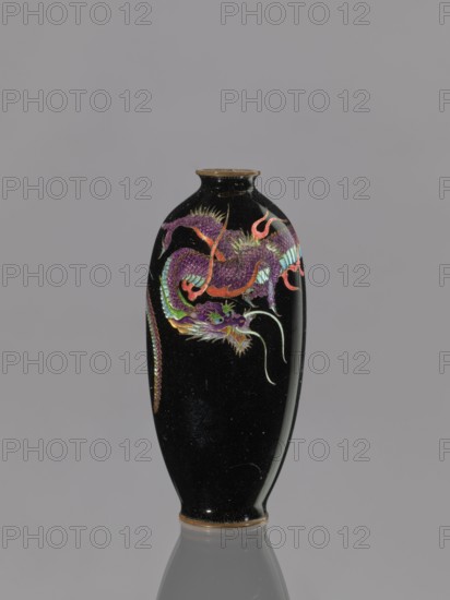 Vase, dragons iconography, Japanese dragon motif, Meiji 1868–1912, beasts fantasy, cloisonné enamel, cloisonné enamel on copper, 19th/20th century Meiji Period, Japan, vessel; height 11.7 cm, diameter 5.0 cm, A tall, narrow vase with a glossy black surface sits against a neutral gray background, decorated with a winding dragon motif featuring purple, green, turquoise, red, orange, gold, and pale blue hues; the dragon shows detailed scales and flowing whiskers, and the vase has a small rounded rim and a slightly flared base with a thin gold-colored band.
