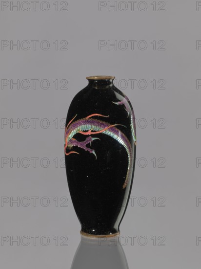 Vase; cloisonné enamel on copper; Japanese; Meiji period 1868–1912, 19th–20th century; height 11.7 cm, diameter 5.0 cm. Decoration: dragons/Japanese dragon motif and fantastic beasts., A tall, glossy black vase with a narrow neck and slightly flared rim sits centered against a neutral gray background, decorated with a flowing, sinuous design in iridescent colors including purple, green, turquoise, pink, orange, and gold, with the colored motifs forming curving, scale-like and fin-like shapes wrapping around the body; the vase has a subtle reflection on the surface it rests on and small highlights and speckles visible on its black glaze.
