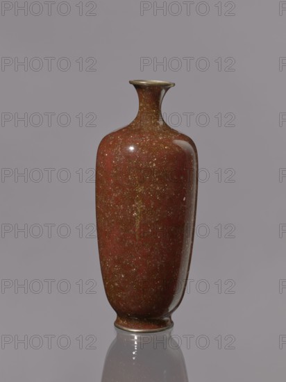Vase, Meiji period 1868–1912, Japan. Kinseki technique. Vase with a narrow neck flaring at the spout, decorated on a brown-brick background. 19th/20th century. Vessel; height 17.9 cm, diameter 7.0 cm., A single tall vase with a narrow neck and flared rim sits centered against a plain background; the vase has a glossy, mottled surface in shades of deep red and brown with flecks of gold and darker speckles, and it casts a faint reflection on the smooth surface below; the rim and base show a thin band of a darker, metallic brownish color.