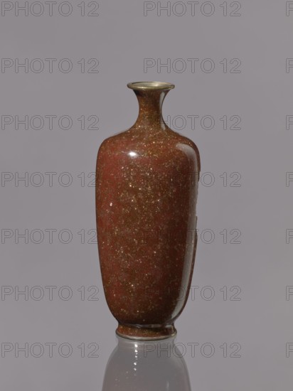 Vase with a narrow neck flaring at the spout. Decoration on a brown-brick background. Kinseki ceramic vessel, Meiji period 19th/20th century, 1868–1912, Japan. Height 17.9 cm; diameter 7.0 cm., A single tall vase with a narrow flared neck and rounded shoulders, standing upright on a reflective surface; the vase has a smooth glossy finish in deep reddish-brown with a speckled, glittery texture and subtle golden flecks, and there are touches of darker brown and hints of lighter highlights where light reflects off its surface; the background is a plain muted grayish-lavender.