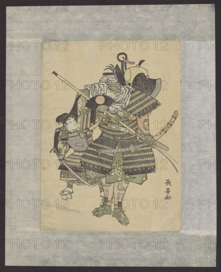 Reproduction: Benkei and Yoshitsune ??????, Eishôsai Chôki fl. ca. 1780–1810 graphic artist, ukiyo-e woodcut reprint, musha-e subject depicting Benkei and Yoshitsune, chuban format; Meiji period 1868–1912, Japan; materials: woodcut print; weapons depicted: katana, naginata; dimensions: height 24.3 cm, width 18.0 cm; dated 1868–1912., A vertical print shows a scene of two figures in traditional armor standing against a plain beige background framed by a pale blue-gray border and a dark outer edge. The larger figure wears layered armor with patterned panels, a helmet with decorative elements, and protective coverings on the arms and legs; the armor includes dark and muted green sections along with black and beige details, and the figure holds a long pole weapon and has a curved sword at the waist. The smaller figure stands beside and slightly behind the larger one, wearing similar patterned armor in muted tones and holding a shorter weapon; this figure has dark hair styled up. The compos...