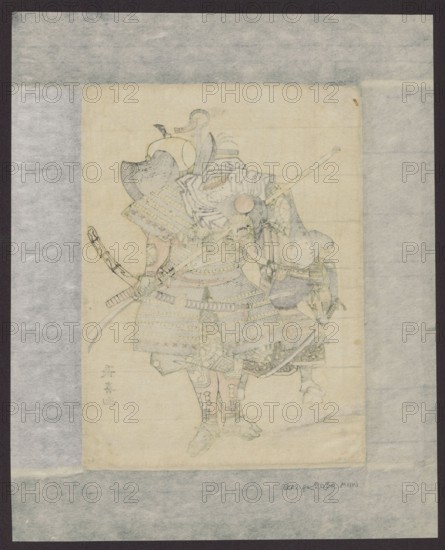 Benkei and Yoshitsune ??????, Eishôsai Chôki fl. ca. 1780–1810, ukiyo-e woodcut reproduction/reprint, Meiji period 1868–1912, Japanese woodcut, musha-e subject depicting katana and naginata, chuban format, print; height 24.3 cm, width 18.0 cm., A faded paper drawing of a warrior in detailed armor standing with a smaller figure beside them, both shown full-length and facing slightly to the right; the armor and clothing display layered plates, patterned textile sections, and ornamental elements, with visible swords and polearms held or sheathed; the larger helmet has a crest and decorative attachments, and the figures wear protective leg coverings and shoes; the drawing sits on a larger sheet with a translucent protective overlay around its edges; the visible colors are pale beige of the paper, soft greys of the overlay, and faint muted tones of blue, green, and brown within the drawing.