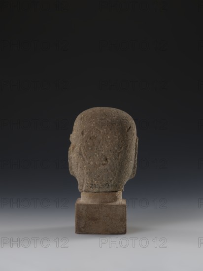 Head of a monk Buddha?, sculptor unknown, buddha iconography, Chinese art, Ming 1368–1644, Chinese Buddhism, arhat/Luohan iconography, 14th–15th century, China, sculpture, height 11.8 cm, width 9.2 cm, depth 8.7 cm, A textured stone sculpture of a head seen from behind, mounted on a square stone base; the head surface is rough with pitted areas and small inclusions, and the overall color palette includes shades of brown and gray, with the base showing slightly warmer brown tones; the background is a smooth gradient ranging from dark charcoal near the top to muted gray near the bottom.