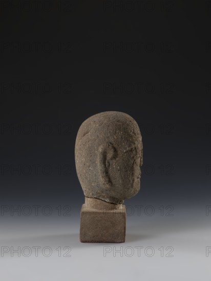 Head of a monk Buddha?, possibly an arhat/luohan, Chinese, Ming dynasty 1368–1644, 14th–15th century, sculpture, height 11.8 cm, width 9.2 cm, depth 8.7 cm;, Chinese Buddhism iconography., A stone sculpture of a head viewed from the side, mounted on a square base; the sculpture is textured and mottled in shades of brown and gray, with subtle darker and lighter speckles, and the base is a more uniform brown. The background transitions from very dark near the top to a gradient of dark gray and lighter gray toward the bottom, and the surface beneath the base is a pale gray with soft shadowing. The head shows a rounded cranium, a carved ear, and a defined jawline, all in the same brown-gray stone color.