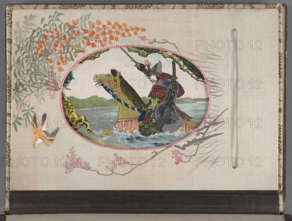 Album of photographs and postcards; Japanese art, Meiji period late 19th century. Subject: landscapes, women Japanese women, sakura, boats, torii, mountains, birds, rivers, pine trees, lotuses. Cover: wood covered with brown and black lacquer, painted with gold maki-e; bone faces, superimposed; decoration: landscape with two figures in a boat. Pages decorated with floral and landscape motifs. Album; height 17.1 cm, width 23.2 cm., An oval illustration centered on a fabric background shows a warrior in patterned armor riding a horse through water, with the warrior holding a raised weapon and wearing a helmet and layered garments in dark gray, red, green, blue, and gold tones; the horse is light brown with darker mane and colorful tack in blue and pink. Surrounding the oval are painted plant motifs including leafy branches and clusters of small rounded flowers in shades of green, orange, and pink, and thin twiggy branches in gray and pink. A small bird with brown, cream, and white feathe...