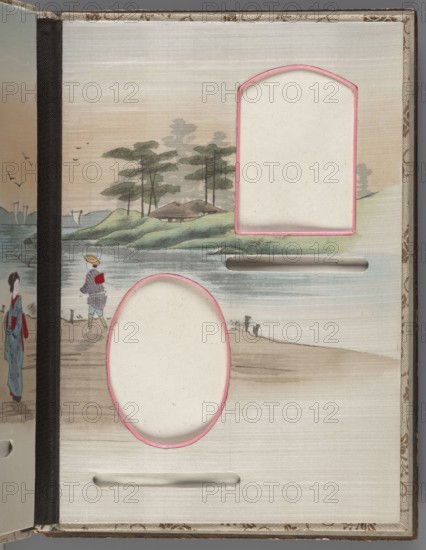 Album of photographs and postcards;, Japanese art, Meiji 1868–1912; subjects: landscapes, women Japanese women, sakura, boats, torii, mountains, birds, rivers, pine trees, lotuses. Cover made of wood covered with brown and black lacquer, painted with gold maki-e; bone faces, superimposed; decoration: landscape with two figures in a boat. Pages decorated with floral and landscape motifs. Late 19th century Meiji period, Japan. Album; height 17.1 cm, width 23.2 cm., A textured page with a painted landscape showing a body of water, grassy hills, and a group of trees in the background; the scene uses muted greens, blues, browns, beige, pink, and gray. Two human figures appear near the shore wearing clothing with red and blue accents; one figure stands closer to the left edge and another walks along the water. There are a few birds depicted in the sky and a small structure partially hidden among the trees. The page contains several cutout shapes edged in pink revealing blank beige interiors,...
