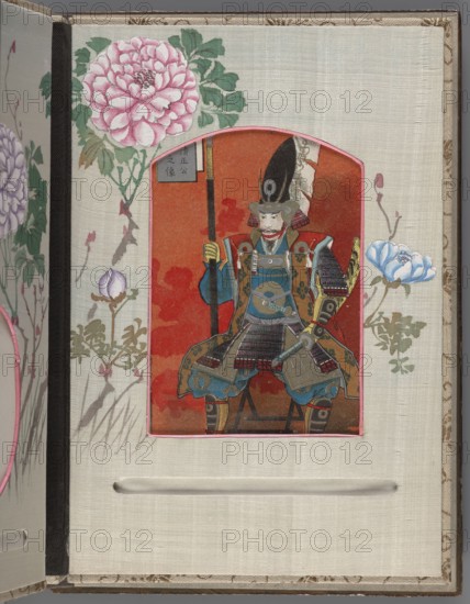 Album of photographs and postcards; unknown creator; ; Japanese art, Meiji 1868–1912; subjects: landscapes, women, Japanese women, sakura, boats, torii, mountains, birds, rivers, pine trees, lotuses. Cover: wood covered with brown and black lacquer, painted with gold maki-e, bone faces, superimposed; decoration: landscape with two figures in a boat. Pages decorated with floral and landscape motifs. Late 19th century Meiji period, Japan. Album; height 17.1 cm, width 23.2 cm., A fabric-covered book page with a central cutout revealing an illustration of a seated armored figure wearing a tall black helmet and holding a long pole, rendered against a red-orange background; the figure wears multicolored armor with blue, gold, brown, and black elements and sits with a sword at the side. Surrounding the cutout on the fabric page are painted flowers and foliage in pink, purple, blue, green, and pale brown tones on an off-white background, with a narrow dark vertical strip at the left edge and a...