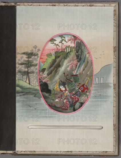 Album of photographs and postcards; unknown creator; ; Japanese art, Meiji late 19th century, 1868–1912; subjects: landscapes, women/Japanese women, sakura, boats, torii, mountains, birds, rivers, pine trees, lotuses; cover made of wood covered with brown and black lacquer, painted with gold maki-e, bone faces superimposed; decoration: landscape with two figures in a boat; pages decorated with floral and landscape motifs; album; height 17.1 cm, width 23.2 cm., The image shows an oval illustration set against a pale fabric background with a dark vertical strip along the left edge; inside the oval is a rocky hillside scene with green and brown cliffs, pink blossoms, and a few tall trees, with a red and pink sky behind. Near the base of the cliff a figure wearing multicolored armor in red, green, yellow, and black is kneeling or leaning over another figure dressed in patterned red and white garments, with scattered armor pieces and a round red object nearby. Water in muted blue-gray tones...