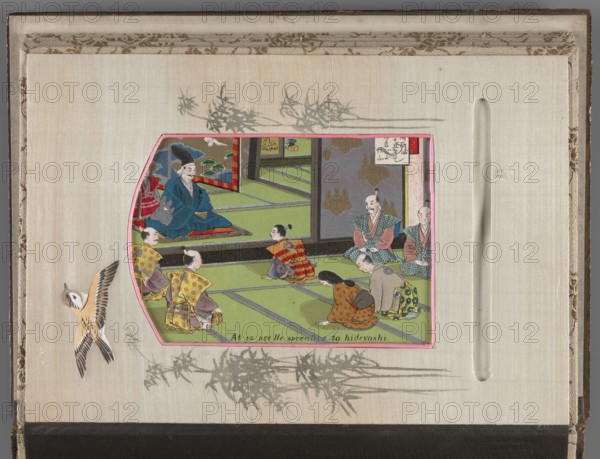 Album of photographs and postcards; Japanese art, Meiji period late 19th century. Subject matter: landscapes, women Japanese women, sakura, boats, torii, mountains, birds, rivers, pine trees, lotuses. Cover: wood covered with brown and black lacquer, painted with gold maki-e, bone faces, superimposed; decoration: landscape with two figures in a boat. Pages decorated with floral and landscape motifs. Album; height 17.1 cm, width 23.2 cm., A rectangular textile with a light beige background framed by a narrow brown border contains a rectangular cutout showing a colorful scene with several people seated on a green floor. The scene includes a person in a blue robe seated on a raised platform, several figures in patterned robes in shades of yellow, red, orange, green, blue, and brown kneeling or sitting, and a person wearing a patterned green and blue garment seated to the right. The cutout is outlined with a pink border. Decorative bamboo-like gray brush strokes appear above and below the ...