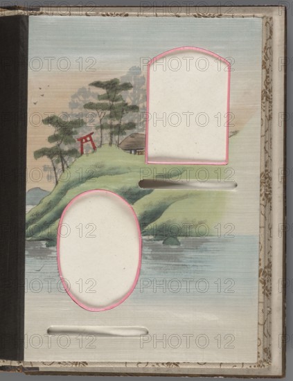 Album of photographs and postcards; creator, ; Japanese art, Meiji late 19th century, 1868–1912; subjects: landscapes, women Japanese women, sakura, boats, torii, mountains, birds, rivers, pine trees, lotuses. Cover: wood covered with brown and black lacquer, painted with gold maki-e, bone faces, superimposed; decoration: landscape with two figures in a boat. Pages decorated with floral and landscape motifs. Album; height 17.1 cm, width 23.2 cm., A painted scene of a coastal landscape with green rolling hills meeting a calm blue-gray body of water, a few trees with dark green foliage atop the hills, and a small thatched structure partially visible near the treeline. A red gate-like structure stands on the hill among the trees. The sky shows soft gradients of pale blue and warm peach tones. There are a few small birds silhouetted in the sky. The image includes three blank cutout openings edged in pink—one rectangular with a rounded top near the upper right, one oval near the lower left,...