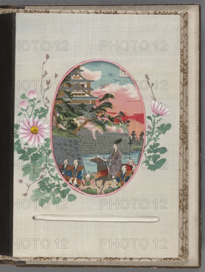 Album of photographs and postcards; Japanese art; Meiji period late 19th century, 1868–1912; themes: landscapes, women Japanese women, sakura, boats, torii, mountains, birds, rivers, pine trees, lotuses. Cover: wood covered with brown and black lacquer, painted with gold maki-e; bone faces, superimposed; decoration: landscape with two figures in a boat. Pages decorated with floral and landscape motifs. Album; height 17.1 cm, width 23.2 cm., An oval illustration framed by a pink border sits on a light beige textured background; inside the oval is a scenic scene with a multi-tiered building with sloped roofs set among green trees and shrubs, a stone wall in front, and a water area, all under a sky with shades of blue and pink; in the foreground several clothed figures in traditional attire are gathered near the stone wall, including one person mounted on a brown horse; surrounding the oval are floral decorations with leaves and blossoms in shades of pink, green, and pale purple, and addi...