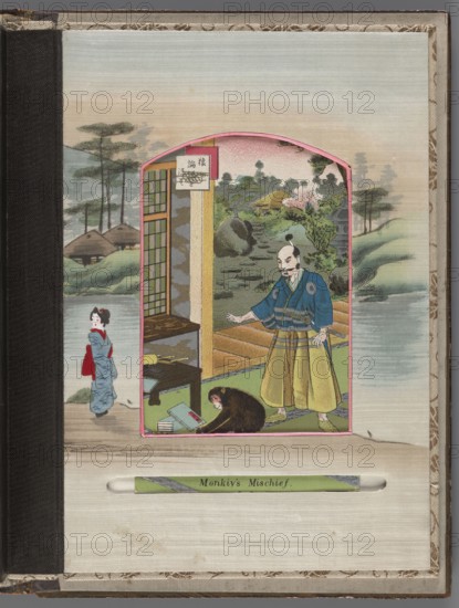 Album of photographs and postcards; unknown creator;, noted; Japanese art, Meiji period late 19th century, 1868–1912; subjects: landscapes, women Japanese women, sakura, boats, torii, mountains, birds, rivers, pine trees, lotuses; cover made of wood covered with brown and black lacquer, painted with gold maki-e; bone faces, superimposed; decoration: landscape with two figures in a boat; pages decorated with floral and landscape motifs; album; height 17.1 cm, width 23.2 cm., An illustrated scene framed by a pink arched border shows an interior opening onto a garden landscape with rocks, trees, and a thatched structure; inside, a man wearing blue and yellow traditional clothing stands with one arm slightly extended while a brown monkey crouches on the floor near scattered books and papers; a woman in a blue kimono with red accents stands outside near a body of water and distant huts; surrounding the central image is a textured beige and light gray background with a black binding on the l...