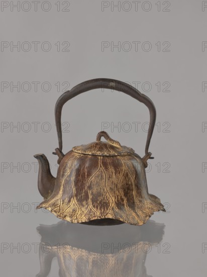 Teapot tetsubin with lid, decorated with lotuses and butterflies; Japanese, Meiji period 1868–1912, 19th–20th century; cast iron vessel, height 20.0 cm, diameter 18.0 cm., A teapot with a curved handle and a rounded body sits on a reflective surface; the teapot has petal-like fluted edges and a lid with a small looped handle, showing a textured surface with visible raised veins. The colors visible include brown, dark brown, golden, and a muted gray background, and the reflection of the teapot appears beneath it.