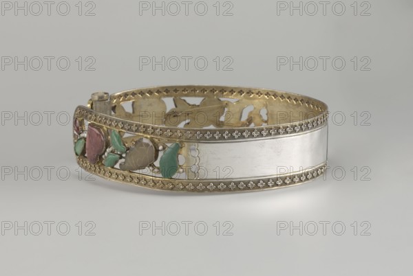Headband, ; plant ornament; Chinese; Chinese art; maker, Qing dynasty 1644–1911, 19th century; head ornament; openwork inlaid with glass, semi-precious stones, river pearls and beads; height 3.3 cm, diameter 12 cm., A metal bracelet with gold-toned edges and a smooth silver-toned central band, featuring an openwork section with decorative cutouts and a row of small raised floral motifs along the top and bottom edges; the openwork area includes several leaf- and petal-shaped insets in shades of green and reddish-pink, small round bead accents in a pale color, and an inner surface showing a warm golden tone.
