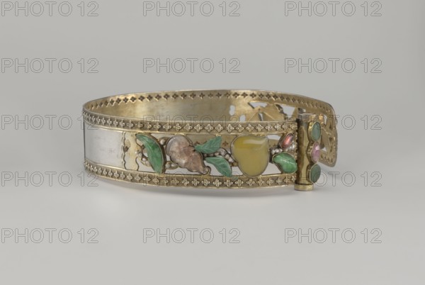 Headband, ; plant ornament; Chinese culture; Chinese art; Qing 1644–1911; head ornament; openwork inlaid with glass, semi-precious stones, river pearls and beads; 19th century; China place of origin?; height 3.3 cm, diameter 12 cm., A decorative metal bracelet with a gold-toned frame and silver-toned inner band sits on a pale gray surface against a lighter gray background; the bracelet features a central openwork section adorned with small carved or molded green leaves, a yellow pear-shaped element, a brownish carved piece, and several small rounded beads, with additional round green and pink cabochon-like stones set near the clasp; the frame is detailed with a repeating floral border in gold tones and the interior shows a slightly aged metallic finish.