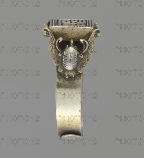 Ring, Chinese, Chinese art, Qing 1644–1911, 19th century, body ornament/jewelry/hand ornament, motif: Shield with ideographic signs supported by two bats, diameter 2 cm, A close-up view of a metallic ring-like object with a decorative top showing an embossed insect motif with stylized wings; the piece is primarily gold-toned with areas of silver-toned highlights and darker tarnished spots, set against a plain gray background.