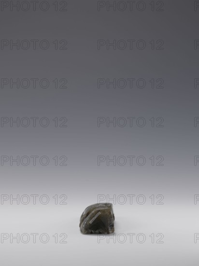 Sage, unknown sculptor; figurine; Chinese; sages; Qing dynasty 1644–1911; 19th century; grey-green soapstone; sculpture; height 13.8 cm, width 4.4 cm, depth 3.1 cm, A small, irregularly shaped object sits near the bottom center of the image on a smooth surface, appearing dark green and brown with areas of translucence and a glossy finish, with a few lighter and darker patches; the background above it is a smooth gradient transitioning from light gray near the surface to darker gray and bluish-gray tones toward the top.