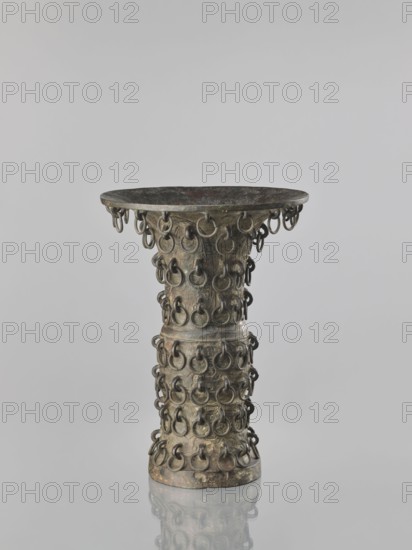 Zun-type vase, Chinese, Qing dynasty 1644–1911, 19th century, ceremonial ritual vessel decorated with taotie iconography, height 33.0 cm, diameter 23.8 cm., A pedestal-like object with a flared top and a narrower cylindrical midsection decorated all over with a group of small hanging rings; the surface of the object shows a weathered, metallic look with tones of greenish patina, dull brown, dark gray, and hints of black, sitting on a smooth reflective surface that mirrors its base against a light gray background.