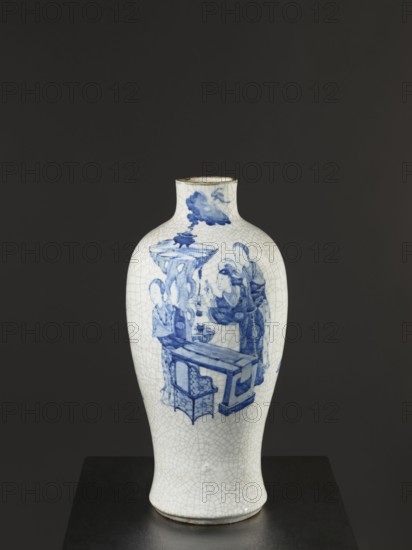 Vase, figurative scenes; ceramics; gardens; Chinese art; Chinese culture; blue and white porcelain with cracklework decoration; Qing dynasty 1644–1911, 18th/19th century, Jiaqing period 1797–1820; China; vessel; height 54.5 cm., A tall ceramic vase with a crackled white glaze sits against a dark gray background, decorated with blue painted figures and furniture scenes; the vase has a rounded body that tapers toward a narrow neck with a slightly worn rim, and the blue imagery includes stylized clouds, a group of people in flowing garments, and a table and chair rendered in blue tones, with the crackle pattern visible across the white surface and a thin brownish ring at the base where the glaze meets the unglazed foot.