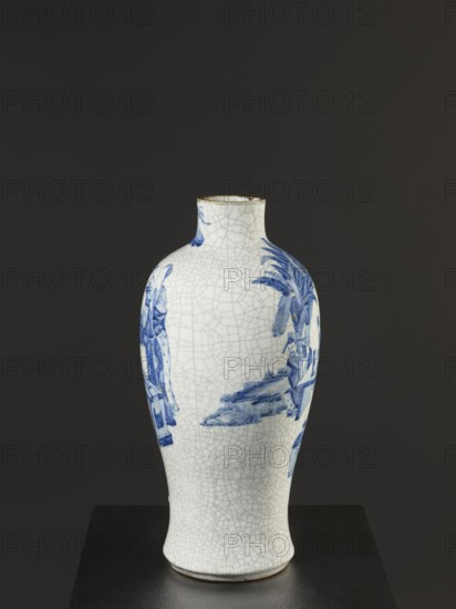 Vase, figurative scenes, ceramics, gardens, Chinese art, Chinese culture, blue-and-white porcelain with cracklework decoration, Qing dynasty 1644–1911, Jiaqing period 1797–1820, 18th–19th century, China; vessel, height 54.5 cm, A ceramic vase with a rounded body and narrow neck sits on a dark surface against a dark background; the vase has a white base color with a fine crackle pattern across its surface and blue painted figurative and botanical motifs, including stylized leaves and parts of human figures, rendered in various shades of blue, with a thin darker rim at the mouth and a subtle warm tone at the base edge.