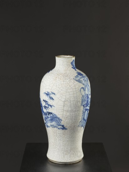 Vase, figurative scenes, ceramics, gardens, Chinese art, Chinese culture, blue and white porcelain, cracklework decoration, Qing 1644–1911, 18th/19th century Jiaqing period, 1797–1820, Qing dynasty, China, vessel, height 54.5 cm, A white ceramic vase with a crackled glaze sits against a dark background on a black surface, showing blue painted decorative motifs including foliage and a partial figure, with the rim and base edges appearing slightly darker.