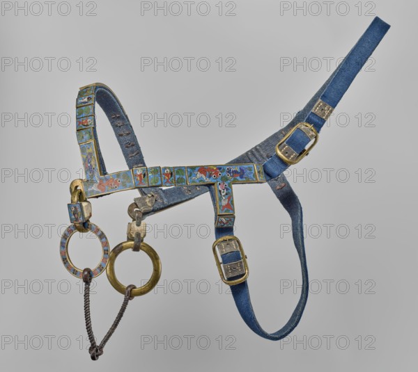 Bit, Chinese; Qing dynasty 1644–1911; cloisonné enamel on copper with leather ribbon and bronze; riding equipment element horse tack decorated with fish and plant ornament; 18th century, China; height 20.0 cm, width 7.0 cm., A decorative harness with blue fabric straps and brass buckles is suspended against a gray background; the harness features enamel panels in a row along the browband and cheekpieces with colorful painted scenes and motifs in colors including blue, green, red, white, and gold; two metal rings hang from the lower fittings, one ring with an enamelled outer edge in similar colors and another plain brass ring, both connected by dark braided cords and small metal links; the fabric shows stitched areas and worn edges, and the metal fittings show patina and small scratches.