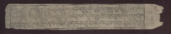 Page with Buddhist text, unknown author, Tibetan Buddhist art, Tibetan and Chinese culture, Chinese art, Buddhism, mantras, 19th century, China; Tibet, manuscript, height 17.5 cm, width 4.5 cm, A long narrow strip of thin paper with worn, frayed edges laid horizontally against a dark textured background, showing a faint rectangular inked border and a grid of repeated short vertical and horizontal marks making up rows of dense decorative script-like shapes; the paper is off-white to pale beige with areas of slightly darker discoloration, the inked marks are dark gray to black, and there is a small smudge of muted red near one short end.