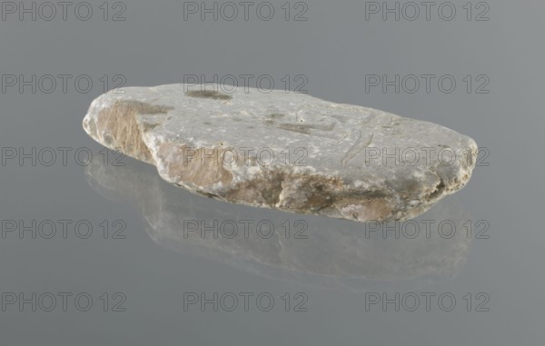 Mani stone, gift; Tibetan Buddhist ritual stone inscribed with mantras; 19th–20th century, Tibet; cult object; stone slab; height 18.3 cm, width 9.0 cm, weight 0.7 kg; Tibetan Buddhist art; Tibetan culture; Buddhism; inscriptions., A flat, irregularly shaped stone rests on a smooth surface with a muted gray background, showing a palette of colors including light gray, beige, tan, off-white, and subtle brown tones; the stone has a rough, uneven edge with a few chipped and pitted areas, a slightly textured top with shallow grooves and shallow depressions, and a soft reflection visible on the surface beneath it.