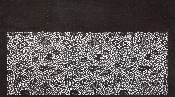 Katagami dyeing stencil with auspicious treasures motif takarazukushi, Japanese, Meiji period 2nd half 19th century, katagami stencil, chuban format, bamboo fiber stencil, height 41.0 cm, width 23.3 cm. Design: auspicious treasures—pine trees, eight auspicious signs, scrolls, jewels, hats, coats, pouches; overall pattern on an irregular fine-grained grid with small plant motifs flower rosettes, bamboo and small Buddhist motifs., A rectangular sheet with an intricate cutout pattern fills the lower portion of the image, showing a dense web of irregular black lines forming mosaic-like cells and negative spaces that reveal a white background; within the cutout area are several stylized bird shapes, floral motifs, curved fan-like elements, and various organic shapes all rendered in black, while the top and side borders of the image are solid dark brown to black with a textured, slightly uneven surface.