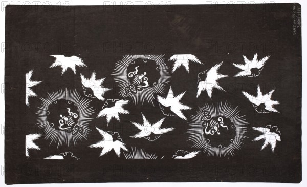 Katagami dyeing stencil with a stylized maple leaf motif and a snow rosette pattern kawari momiji ni yukiwa moyô, unknown author, ise-katagami, plant ornaments, Japanese, 2nd half of the 19th century Meiji period, Japan, stencil, height 40.3 cm, width 24.5 cm, The image shows a dark rectangular background with a repeating pattern of white silhouetted bird-like shapes and circular sunburst motifs; the birds have jagged, feathered edges and varied wing positions scattered across the surface, and the sunbursts consist of dark circular centers surrounded by radiating white lines and decorative curving elements, creating high-contrast areas of black and white with no other colors present.