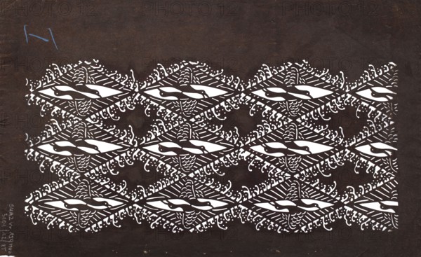 Katagami dyeing stencil with a motif of facing cranes inscribed in a rhombus mukai tsurubishi, ise-katagami stencil in chuban format, geometric patterns, birds cranes. Japan, 2nd half of the 19th century late Edo–Meiji. Stencil paper, height 40.8 cm, width 25.3 cm., A repeating decorative pattern of white cutout shapes arranged in a grid across a dark brown textured background, forming a series of elongated diamond-like motifs with curved, organic inner shapes and scalloped, dot-and-line embellishments; the white areas create eye-like central forms and flowing, wave-like details, while the brown background fills the spaces between and around the motifs; a small irregular blue mark appears near the upper left, and there are a few small lighter spots and scuffs on the dark surface.