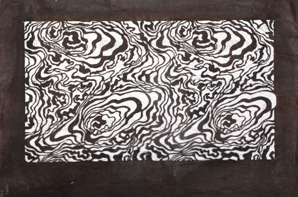 Katagami dyeing stencil with marbled motif suminagashi, katagami stencil, chuban format, marbled ornament with geometric wavy lines resembling tree-ring patterns; stencil, 2nd half of the 19th century Meiji period, Japan; height 41.2 cm, width 31.3 cm., A rectangular panel with an intricate swirling abstract pattern fills the center, featuring flowing organic lines in dark brown against a white background, creating layered concentric and wave-like shapes; the patterned area has a subtle grid texture overlay. Surrounding the panel is a wide dark brown border with a slightly worn, textured surface and small flecks or scuffs. The visible colors are dark brown and white, with variations in the brown showing lighter and darker patches.