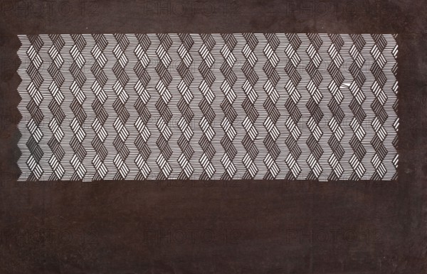 Dyeing stencil katagami; pattern of rhombus stripes; Japanese, Meiji period 1868–1912; ise-katagami stencil; 19th/20th century; materials: stencil; height 41.0 cm, width 26.2 cm., A rectangular area near the top center filled with a repeating geometric lattice of interlocking hexagon-like shapes made of short parallel white lines sits against a textured dark brown background; the patterned area shows scalloped vertical edges on the left and right and contrasts sharply with the surrounding solid dark brown surface, and the visible colors are white and dark brown.