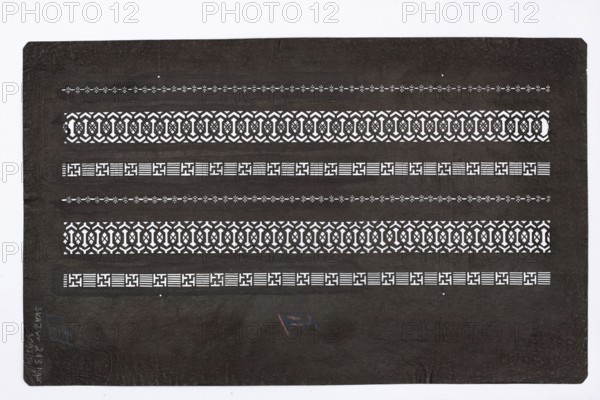 Katagami dyeing stencil with a pattern of horizontal ornamental stripes; geometric ornament; katagami stencil from Japan, Meiji period 19th/20th century, 1868–1912; stencil; height 40.6 cm, width 24.7 cm;, A rectangular dark sheet fills the frame with a lighter border around its edges; across the sheet are several horizontal bands of patterned cutouts showing a lighter background through the dark surface, including a few narrow dotted decorative bands, a couple of wider interlocking geometric lattice bands, and several bands of repeating rectangular motifs; the sheet shows slight creases and worn edges, and a faint small colored mark near the lower center; visible colors include dark brown or black for the sheet, white or light gray showing through the cutouts and around the border, and a small hint of blue and red in the faint mark.