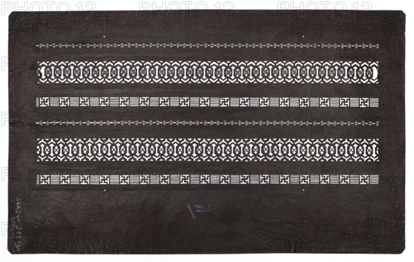 Katagami dyeing stencil; pattern of horizontal ornamental stripes; maker, geometric ornament; katagami stencil used in Japanese dyeing; Japanese; Meiji period 19th/20th century, 1868–1912; stencil; height 40.6 cm, width 24.7 cm., A dark rectangular sheet with a textured surface contains a series of horizontal decorative bands in contrasting light color. The bands include two wider repeating geometric lattice patterns, two narrower striped-and-square motifs, and two delicate dotted floral-like lines, all arranged in alternating sequence across the sheet. The sheet shows slight creases and worn edges, and there is a small area with faint colored marks in blue and red near the center bottom. The visible colors are dark brown or black for the background, white or light cream for the cutout patterns, and small touches of blue and red.