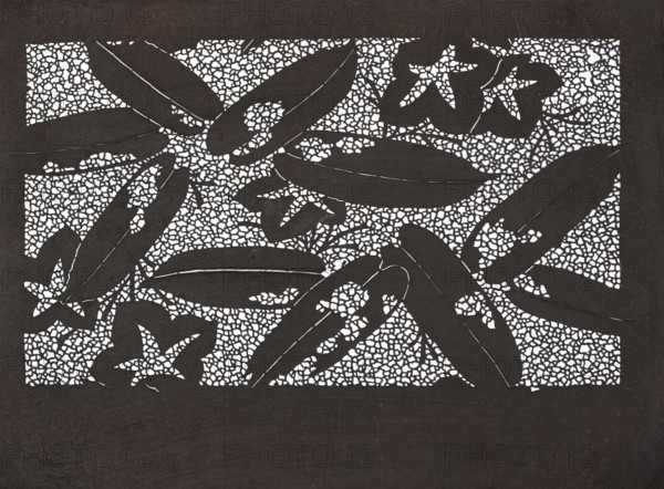 Katagami dyeing stencil; pattern of large pisci and paulownia flowers against a background of dense mesh with irregular eyes; maker, katagami stencil; Japanese; Meiji period 1868–1912, 19th/20th century; height 41.0 cm, width 32.1 cm., The image shows a rectangular cutout pattern with large leaf and flower shapes silhouetted against a textured background of many small irregular shapes. The cutout area and shapes are dark brown or black, while the background visible through the cutouts is white. The surrounding border outside the rectangle is dark brown or black with visible subtle variations in tone and texture. The composition features several elongated leaf forms and a few star-like flower shapes overlapping the patterned backdrop.