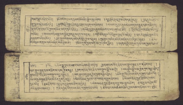 Buddhist text - Prayer for rebirth in the pure land of Sukhavati by master Raga Asja the first reincarnation of the Karma Chagme lineage, unknown creator role, Tibetan graphic prints, prayer text, Buddhist book of the pecha type, xylographic print in disciple script dbu can, top edge tied with string. Leaf numbering on recto, 16 folios in total, 15 numbered with text, the last blank. 15th folio verso handwritten in pencil in Ume script dbu med; 16th folio verso handwritten in ink upside down in the scripts of students and Ume. The original prayer text by master Raga Asja Tib. ra ga a syas, the first tulku of the Karma Chagme Tib. kar ma chags med reincarnation lineage, dates from the 17th century. 19th century, Tibet; graphic, height 30.5 cm, width 8.6 cm., A worn, rectangular double-page spread with a dark background showing an aged, yellowed paper surface. The pages contain two horizontal framed blocks, one above the other, each filled with dense handwritten script that appears in ne...