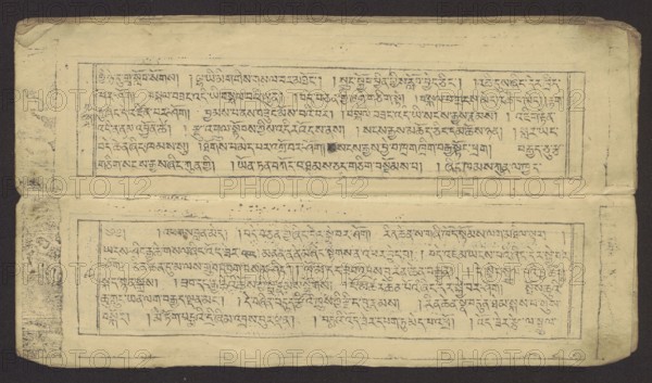 Buddhist text - Prayer for rebirth in the pure land of Sukhavati by master Raga Asja the first reincarnation of the Karma Chagme lineage, unknown creator role, Buddhist art, Tibetan, graphic prints, prayer text, Buddhist book of the pecha type, xylographic print in disciple script dbu can, top edge tied with string. Leaf numbering on recto, 16 folios in total, 15 numbered with text, the last blank. 15th folio verso handwritten in pencil in Ume script dbu med, 16th folio verso handwritten ink upside down in the scripts of students and Ume. Original prayer text by master Raga Asja Tib. ra ga a syas, first tulku of the Karma Chagme Tib. kar ma chags med reincarnation lineage, dates from the 17th century. 19th century, Tibet, graphic, height 30.5 cm, width 8.6 cm, A rectangular, aged sheet with a horizontal crease across the middle rests against a dark background; the sheet is mostly pale beige with darker beige and brown discoloration and smudges, especially along the edges and near the c...