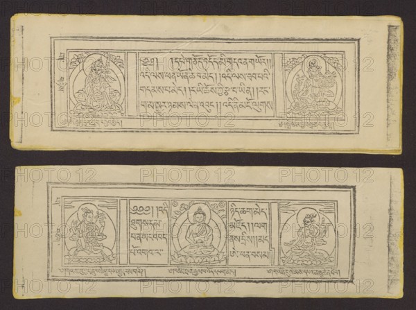 Buddhist text - Prayer for rebirth in the pure land of Sukhavati called Dechen Monlam, by master Raga Asja the first reincarnation of the Karma Chagme lineage Tib. rnam dag bde can zhing gi smon lam ra+a ga a syas mdzad pa bzhugs sto. Buddhist art, Tibetan culture, prayer texts, graphic prints, Book in Tibetan pecha style, xylographic print in disciple script dbu can. Pages numbered on the recto side first page verso, 25 folios. 1 verso page and 2 recto illustrations. Edges tinted yellow. The original text of the prayer called Dechen Monlam Tib. bde chen smon lam, by master Raga Asja Tib. ra ga a syas, the first tulku of the Karma Chagme Tib. kar ma chags med reincarnation lineage, dates from the 17th century. 19th century, Tibet. Graphic; width 25.5 cm, height 8.7 cm., The image shows two horizontal rectangular sheets with ornate black line drawings and decorative borders set against a dark background; each sheet contains three vertical panels separated by thin lines, with the outer p...