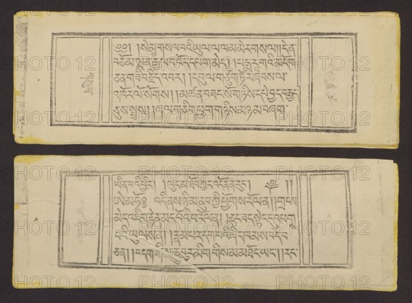 Buddhist text - Prayer for rebirth in the pure land of Sukhavati called Dechen Monlam, by master Raga Asja the first reincarnation of the Karma Chagme lineage Tib. rnam dag bde can zhing gi smon lam ra+a ga a syas mdzad pa bzhugs sto. Buddhist art, Tibetan culture, prayer text, graphic print. Book in Tibetan pecha style, xylographic print in disciple script dbu can. Pages numbered on the recto side first page verso, 25 folios. 1 verso page and 2 recto illustrations. Edges tinted yellow. The original text of the prayer called Dechen Monlam Tib. bde chen smon lam, by master Raga Asja Tib. ra ga a syas, the first tulku of the Karma Chagme Tib. kar ma chags med reincarnation lineage, dates from the 17th century. 19th century. Tibet. Graphic. Width 25.5 cm; height 8.7 cm., A horizontal image showing two narrow rectangular sheets placed one above the other against a dark background, each sheet containing a bordered central panel filled with handwritten script and flanked by blank vertical si...