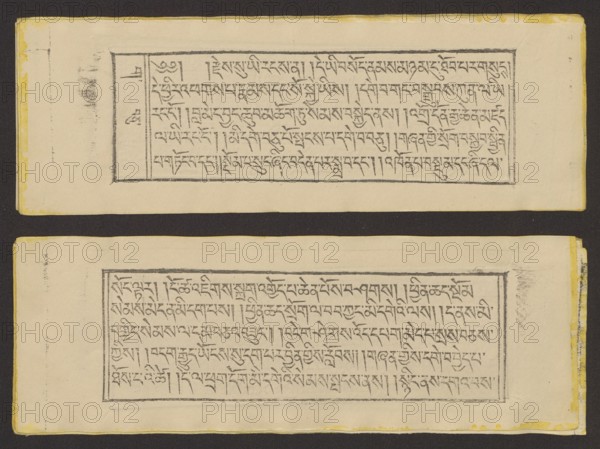 Buddhist text - Prayer for rebirth in the pure land of Sukhavati called Dechen Monlam, by master Raga Asja the first reincarnation of the Karma Chagme lineage Tib. rnam dag bde can zhing gi smon lam ra+a ga a syas mdzad pa bzhugs sto, unknown,  graphic artist author. Buddhist art, Tibetan culture, prayer texts, graphic prints. Book in Tibetan pecha style, xylographic print in disciple script dbu can. Pages numbered on the recto side first page verso, 25 folios. 1 verso page and 2 recto illustrations. Edges tinted yellow. The original text of the prayer called Dechen Monlam Tib. bde chen smon lam, by master Raga Asja Tib. ra ga a syas, the first tulku of the Karma Chagme Tib. kar ma chags med reincarnation lineage, dates from the 17th century. 19th century, Tibet. Graphic, width 25.5 cm, height 8.7 cm., The image shows two long rectangular cream-colored sheets placed one above the other against a dark background, each sheet containing a framed block of closely spaced dark gray markings;...