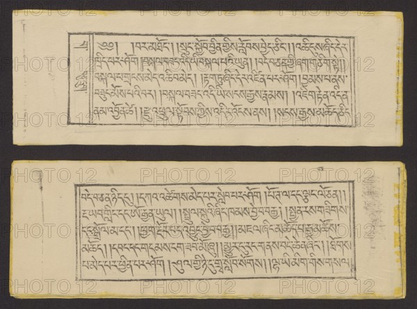 Buddhist text — Prayer for rebirth in the pure land of Sukhavati called Dechen Monlam, by master Raga Asja the first reincarnation of the Karma Chagme lineage Tib. rnam dag bde can zhing gi smon lam ra+ a ga a syas mdzad pa bzhugs sto, unknown creator role, Tibetan Buddhist art; prayer text in Tibetan pecha book format, xylographic print in disciple script dbu can. Pages numbered on the recto side first page verso, 25 folios; 1 verso page and 2 recto illustrations. Edges tinted yellow. Original prayer Tib. bde chen smon lam by master Raga Asja Tib. ra ga a syas, first tulku of the Karma Chagme Tib. kar ma chags med lineage, text dates from the 17th century. 19th century, Tibet. Graphic. Dimensions: width 25.5 cm, height 8.7 cm., A flat image of two rectangular cream-colored manuscript pages arranged vertically on a dark brown background, each page containing a framed block of dense black ink script written in a flowing, angular hand; the top page shows a narrow vertical margin at one e...
